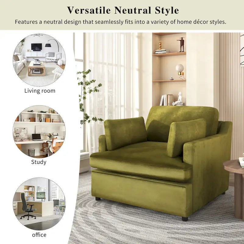 Green 37  Accent Chair with Plastic Legs and Decorative Pillows