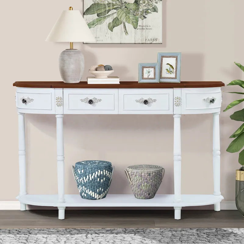 52 inch Circular Half Moon Sofa Table with Open Shelf and 2 Drawers