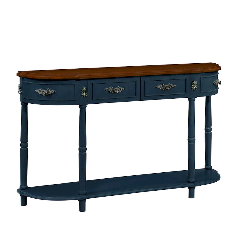 52 inch Circular Half Moon Sofa Table with Open Shelf and 2 Drawers