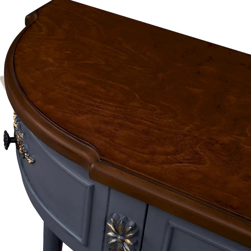 52 inch Circular Half Moon Sofa Table with Open Shelf and 2 Drawers