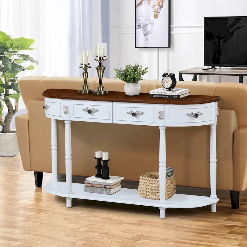52 inch Circular Half Moon Sofa Table with Open Shelf and 2 Drawers