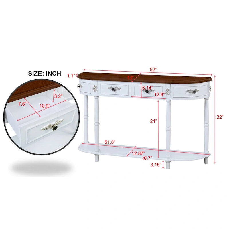 52 inch Circular Half Moon Sofa Table with Open Shelf and 2 Drawers