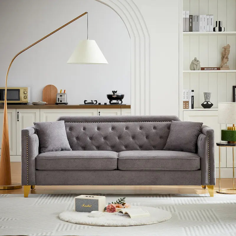 Grey 61.5  Chenille 3-Seater Tufted Sofa with Copper Nail Arms, 2 Pillows