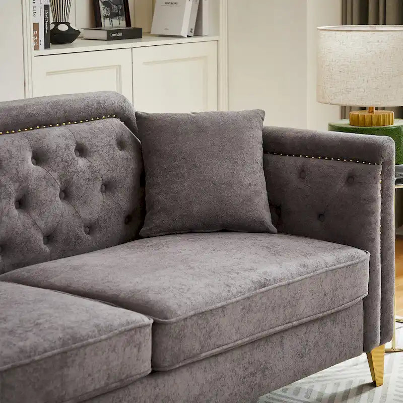 Grey 61.5  Chenille 3-Seater Tufted Sofa with Copper Nail Arms, 2 Pillows