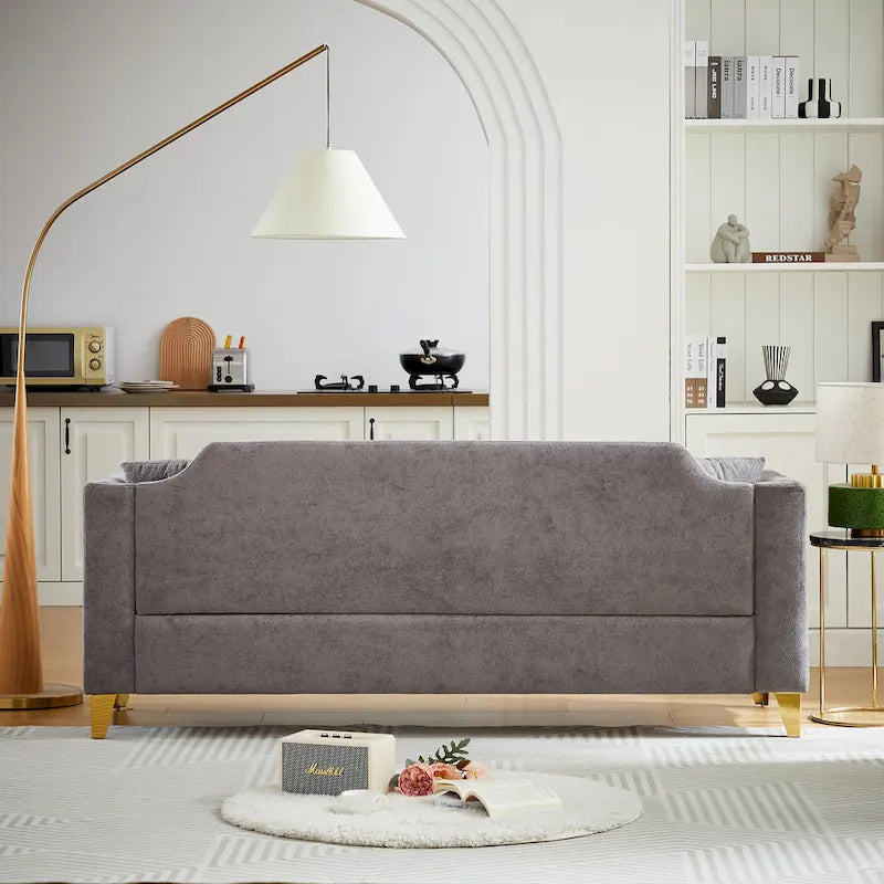 Grey 61.5  Chenille 3-Seater Tufted Sofa with Copper Nail Arms, 2 Pillows