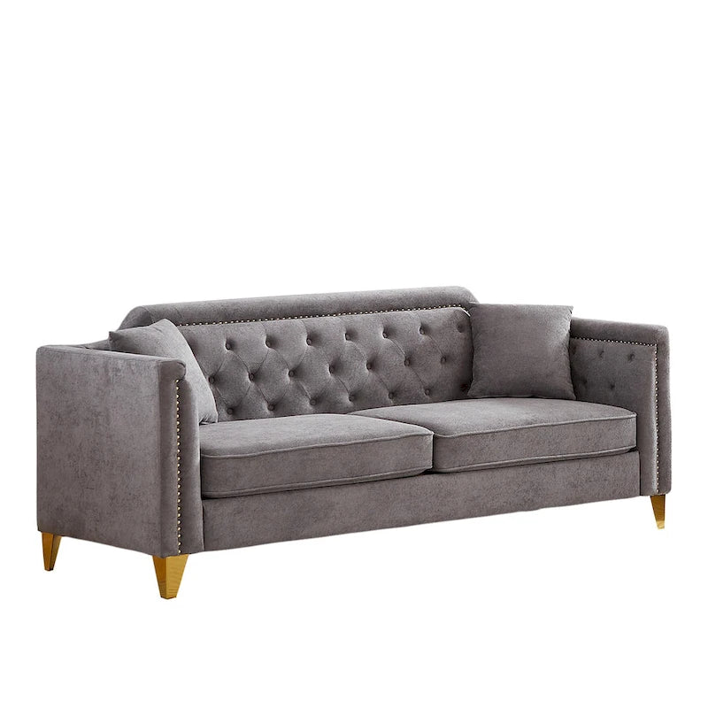 Grey 61.5  Chenille 3-Seater Tufted Sofa with Copper Nail Arms, 2 Pillows