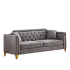 Grey 61.5  Chenille 3-Seater Tufted Sofa with Copper Nail Arms, 2 Pillows