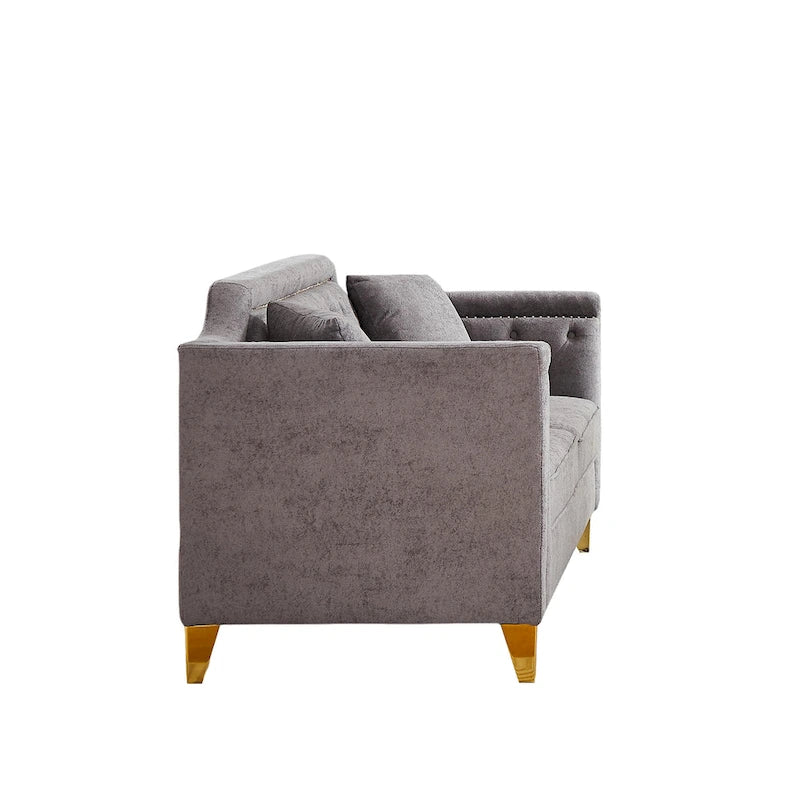 Grey 61.5  Chenille 3-Seater Tufted Sofa with Copper Nail Arms, 2 Pillows