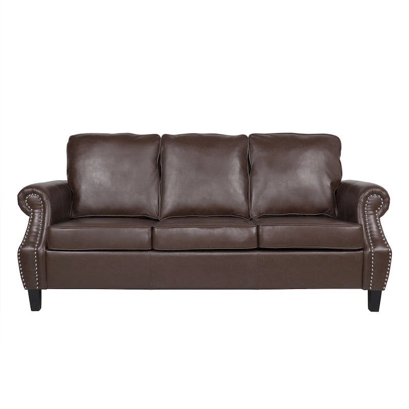 Dark Brown Modern 80  Faux Leather 3-Seater Sofa with Birch Wood Legs and Nailheads
