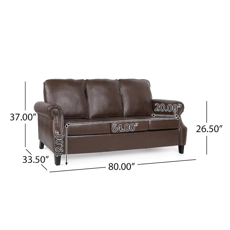 Dark Brown Modern 80  Faux Leather 3-Seater Sofa with Birch Wood Legs and Nailheads