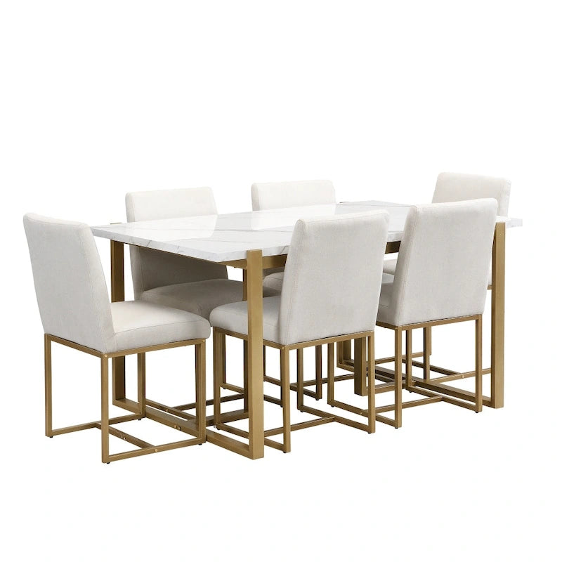 7-Piece Faux Marble Modern Dining Table Set with 6 Upholstered Chairs
