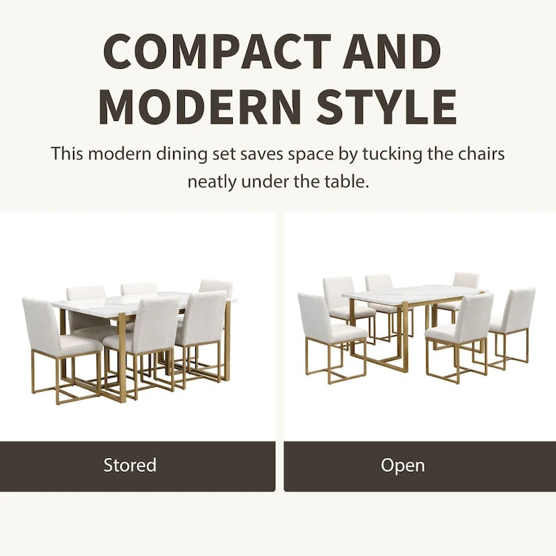 7-Piece Faux Marble Modern Dining Table Set with 6 Upholstered Chairs