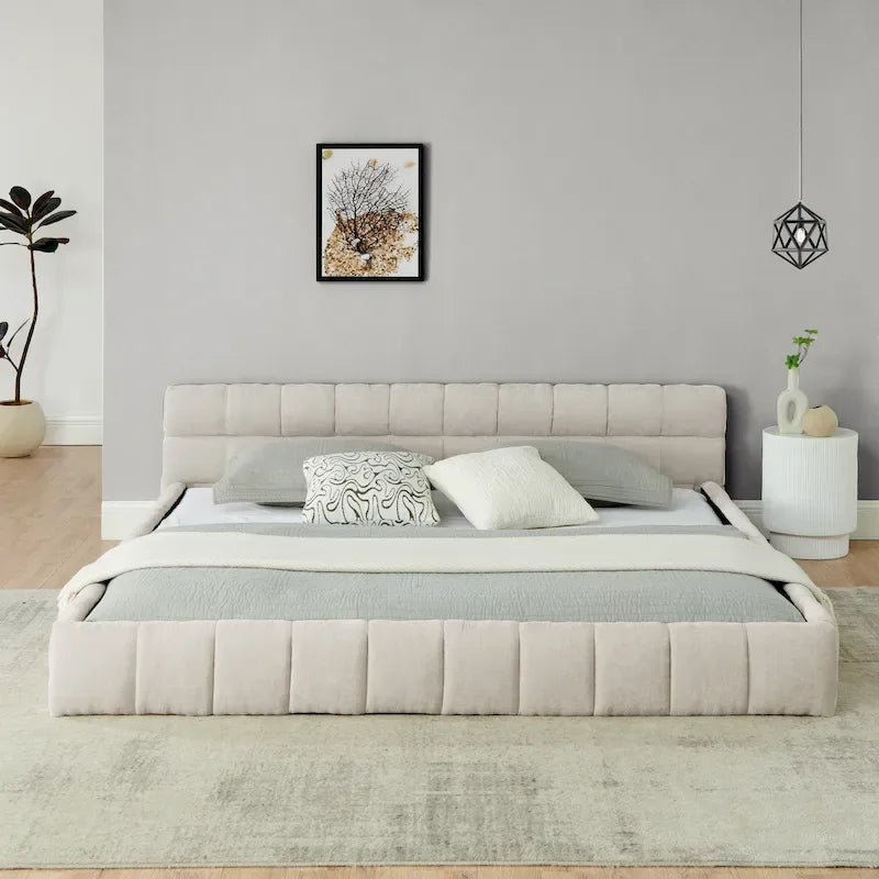 King Size Upholstered Bed Frame with Chenille Fabric, Sturdy Platform Bed Featuring Headboard and Solid Wood Frame