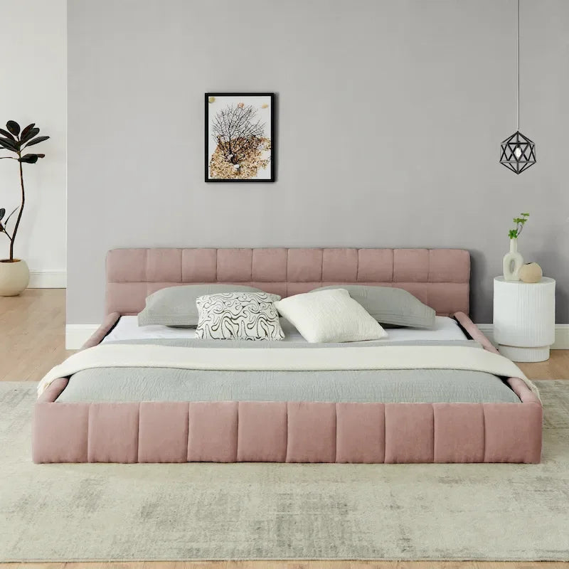 King Size Upholstered Bed Frame with Chenille Fabric, Sturdy Platform Bed Featuring Headboard and Solid Wood Frame