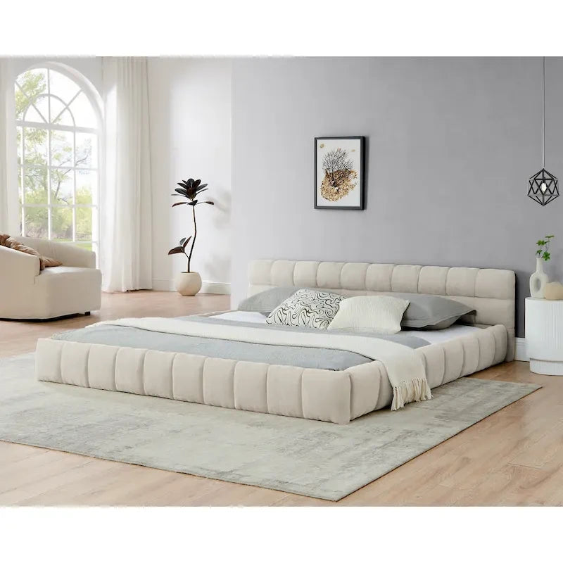 King Size Upholstered Bed Frame with Chenille Fabric, Sturdy Platform Bed Featuring Headboard and Solid Wood Frame