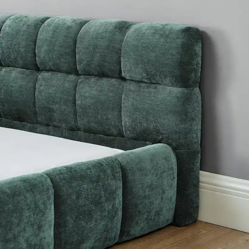 King Size Upholstered Bed Frame with Chenille Fabric, Sturdy Platform Bed Featuring Headboard and Solid Wood Frame