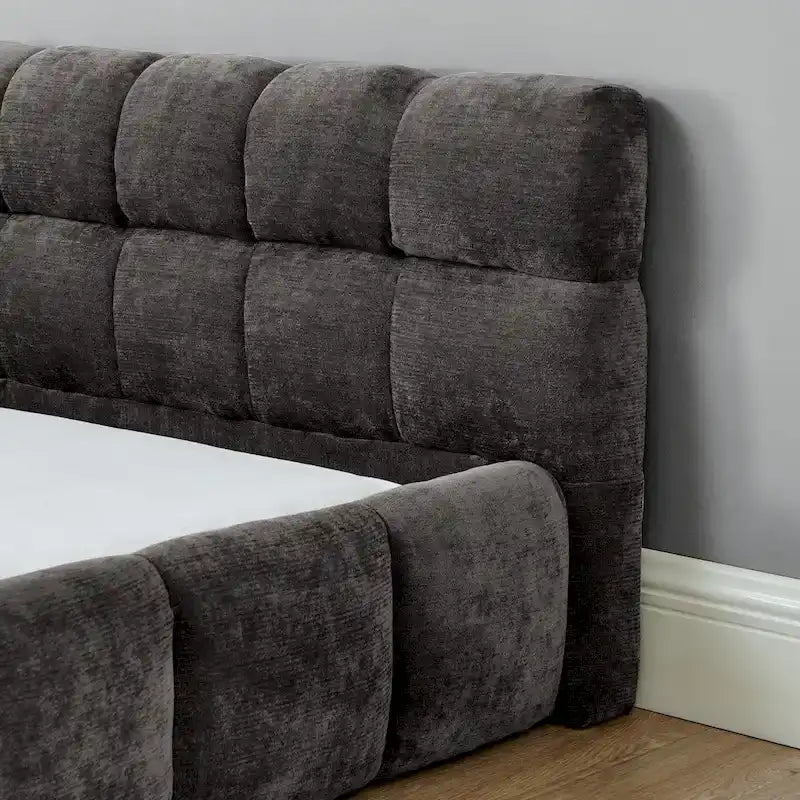 King Size Upholstered Bed Frame with Chenille Fabric, Sturdy Platform Bed Featuring Headboard and Solid Wood Frame