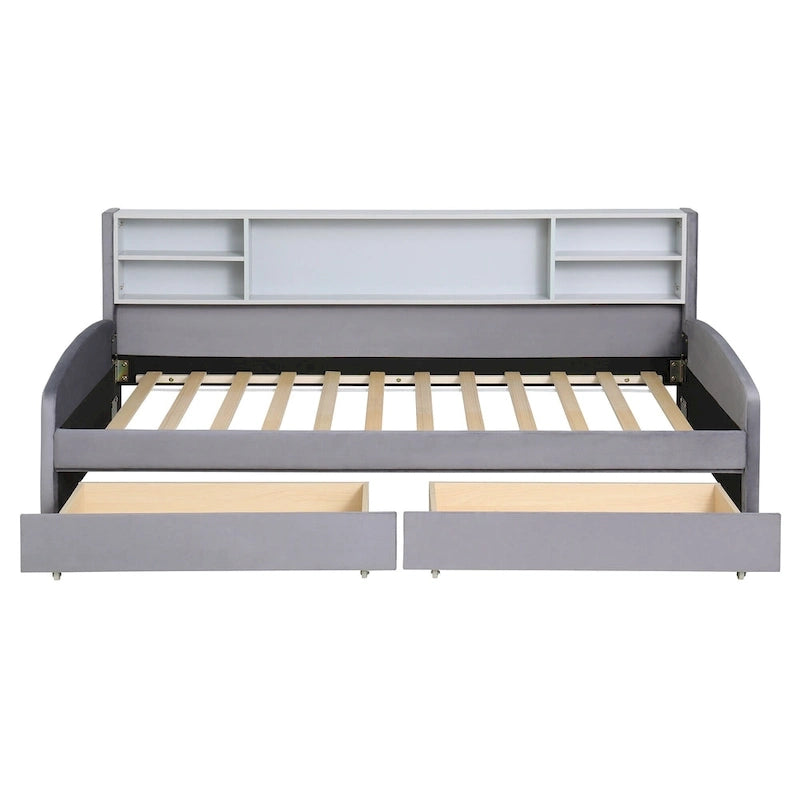 Platform Corner Bed Frame Upholstered Bed with Storage and Drawers