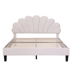 Modern Queen Size Platform Bed, Velvet Upholstered Bed Frame with Flower Pattern Headboard and Solid Wood Slats Support