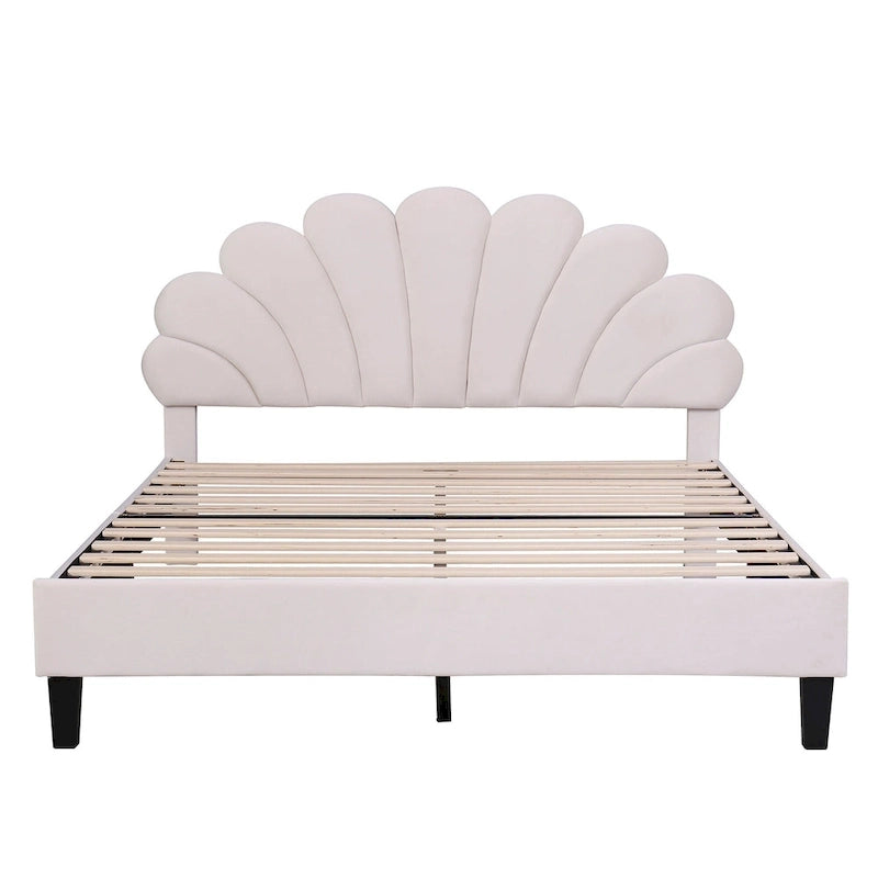 Modern Queen Size Platform Bed, Velvet Upholstered Bed Frame with Flower Pattern Headboard and Solid Wood Slats Support