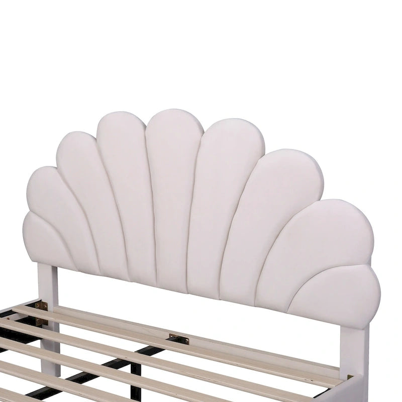 Modern Queen Size Platform Bed, Velvet Upholstered Bed Frame with Flower Pattern Headboard and Solid Wood Slats Support