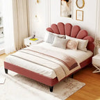 Modern Queen Size Platform Bed, Velvet Upholstered Bed Frame with Flower Pattern Headboard and Solid Wood Slats Support