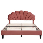 Modern Queen Size Platform Bed, Velvet Upholstered Bed Frame with Flower Pattern Headboard and Solid Wood Slats Support