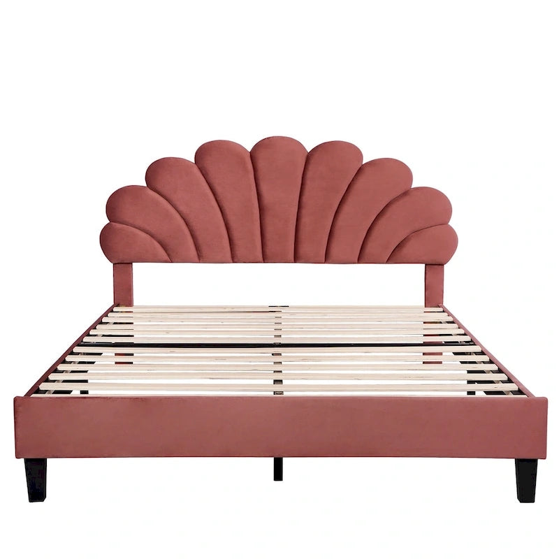 Modern Queen Size Platform Bed, Velvet Upholstered Bed Frame with Flower Pattern Headboard and Solid Wood Slats Support