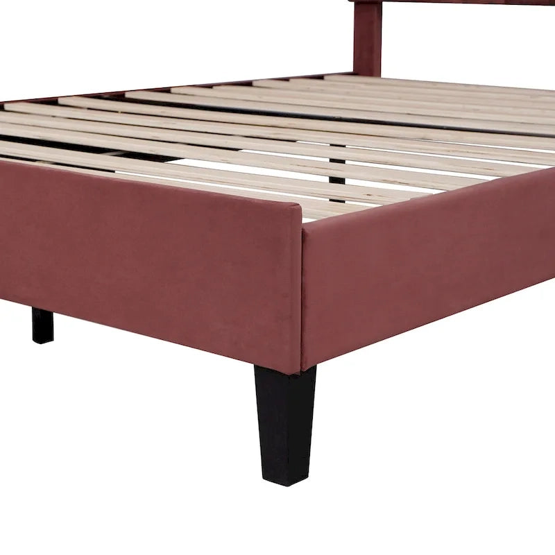Modern Queen Size Platform Bed, Velvet Upholstered Bed Frame with Flower Pattern Headboard and Solid Wood Slats Support