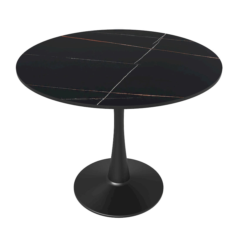 Bristol 32  Round Minimalist Dining Table for 4, Sintered Stone Top & Black Iron Pedestal Base for Kitchen & Dining Room