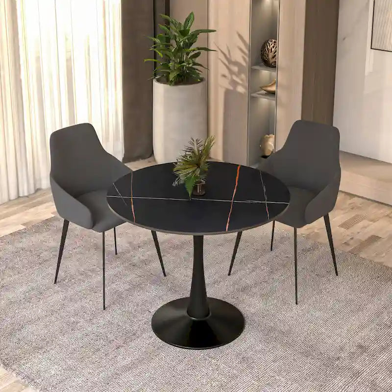 Bristol 32  Round Minimalist Dining Table for 4, Sintered Stone Top & Black Iron Pedestal Base for Kitchen & Dining Room