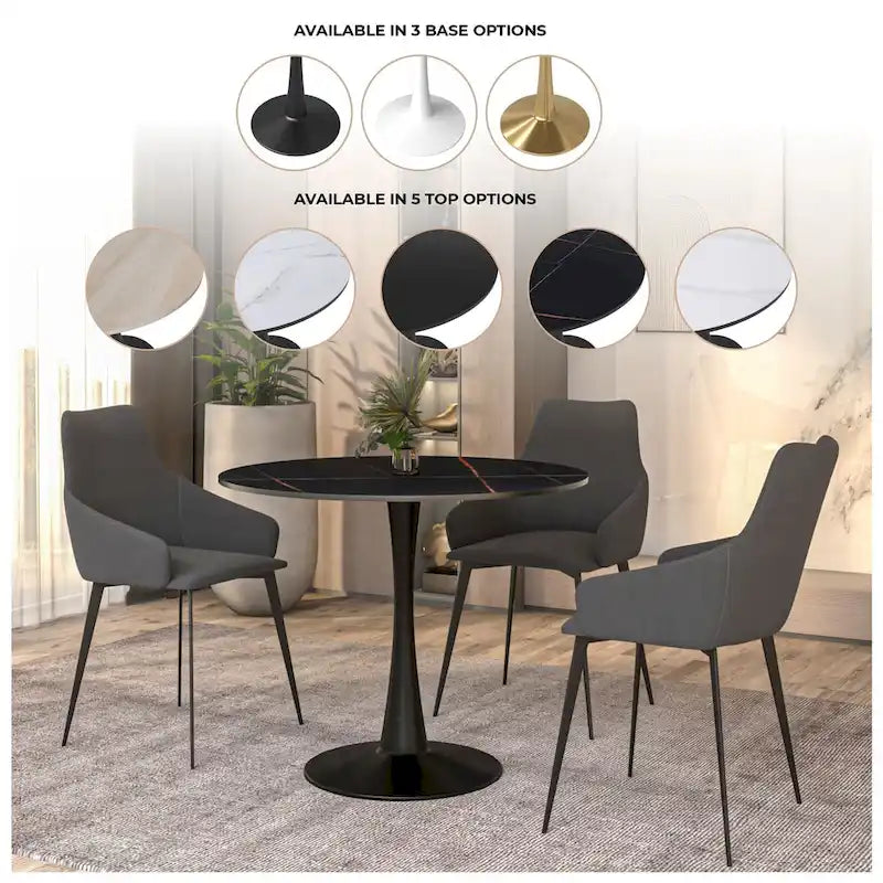 Bristol 32  Round Minimalist Dining Table for 4, Sintered Stone Top & Black Iron Pedestal Base for Kitchen & Dining Room