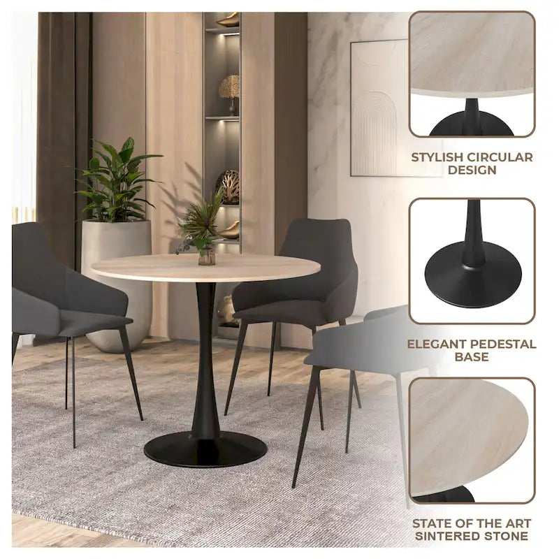 Bristol 32  Round Minimalist Dining Table for 4, Sintered Stone Top & Black Iron Pedestal Base for Kitchen & Dining Room