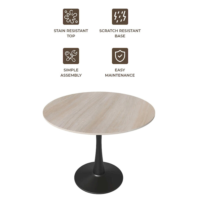 Bristol 32  Round Minimalist Dining Table for 4, Sintered Stone Top & Black Iron Pedestal Base for Kitchen & Dining Room
