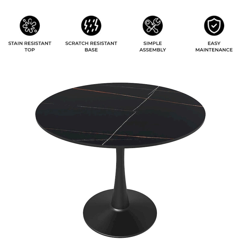 Bristol 32  Round Minimalist Dining Table for 4, Sintered Stone Top & Black Iron Pedestal Base for Kitchen & Dining Room