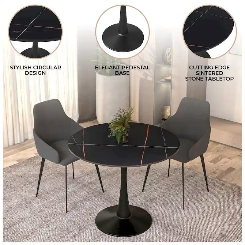 Bristol 32  Round Minimalist Dining Table for 4, Sintered Stone Top & Black Iron Pedestal Base for Kitchen & Dining Room