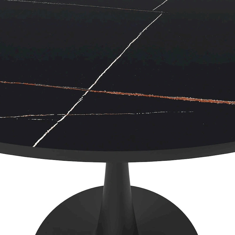 Bristol 32  Round Minimalist Dining Table for 4, Sintered Stone Top & Black Iron Pedestal Base for Kitchen & Dining Room