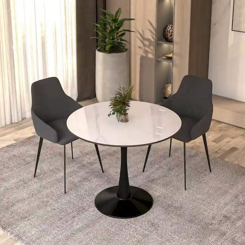Bristol 32  Round Minimalist Dining Table for 4, Sintered Stone Top & Black Iron Pedestal Base for Kitchen & Dining Room