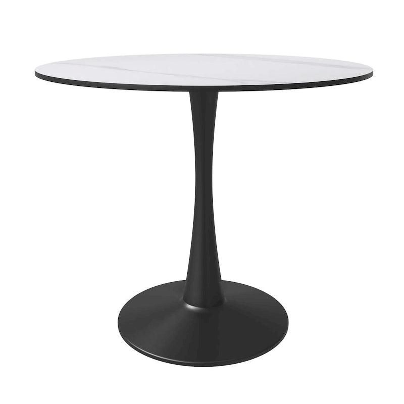 Bristol 32  Round Minimalist Dining Table for 4, Sintered Stone Top & Black Iron Pedestal Base for Kitchen & Dining Room