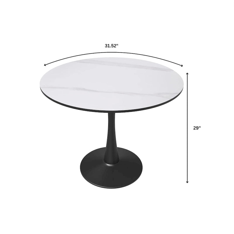 Bristol 32  Round Minimalist Dining Table for 4, Sintered Stone Top & Black Iron Pedestal Base for Kitchen & Dining Room