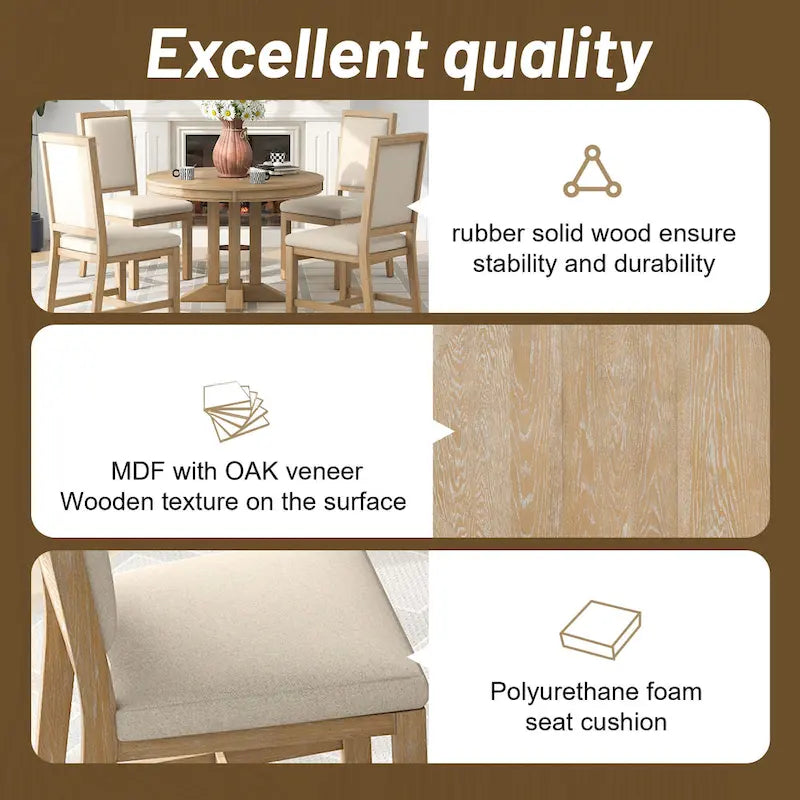 Rustic Farmhouse Dining Table and Chair Sets Extendable Round Table and Chair Sets with Adjustable Table Top for Dining Room