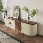 78.74  Mid-Century TV Stands, Brown Solid Wood Veneer, Media Console With 5 Cabinets,3 Drawers, Beige,Fully Assembled - 78.74