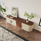 78.74  Mid-Century TV Stands, Brown Solid Wood Veneer, Media Console With 5 Cabinets,3 Drawers, Beige,Fully Assembled - 78.74