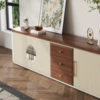 78.74  Mid-Century TV Stands, Brown Solid Wood Veneer, Media Console With 5 Cabinets,3 Drawers, Beige,Fully Assembled - 78.74