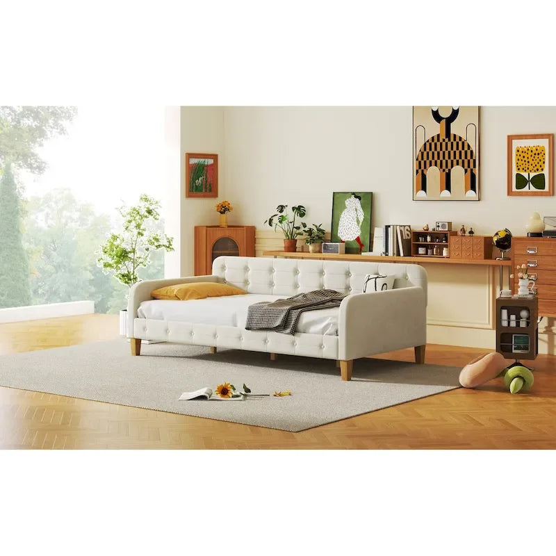 Upholstered Daybed w4 Support Legs, Button Tufting Loveseat Sofa Bed