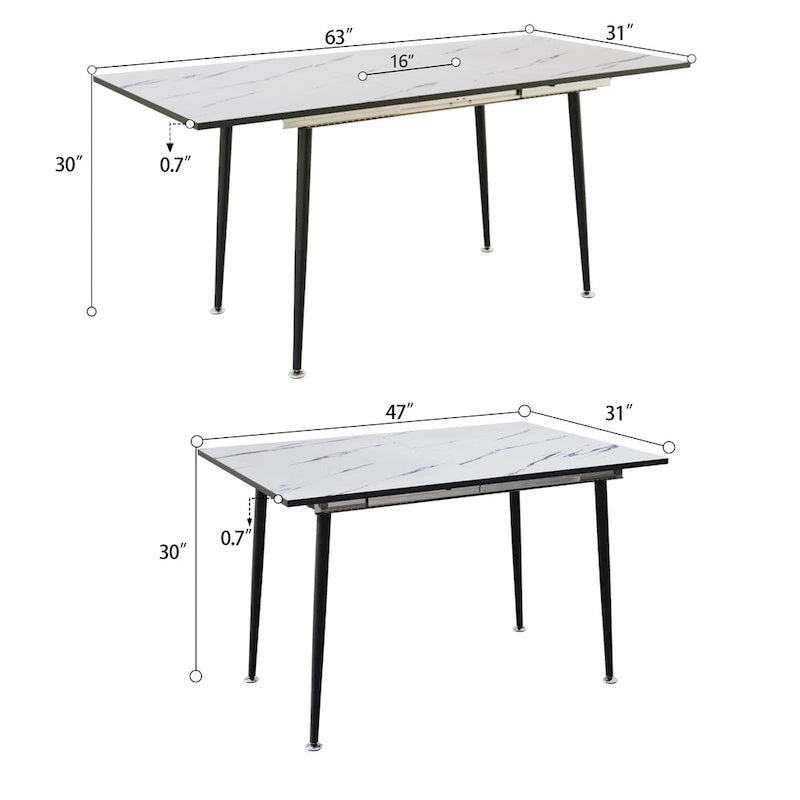 Modern Minimalist Dining Table with Extendable Marble Patterned Matte Legs for Kitchen Living Room or Gatherings