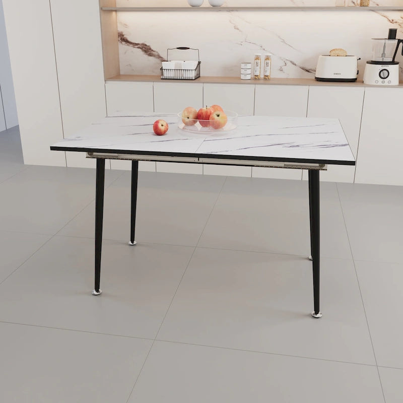 Modern Minimalist Dining Table with Extendable Marble Patterned Matte Legs for Kitchen Living Room or Gatherings