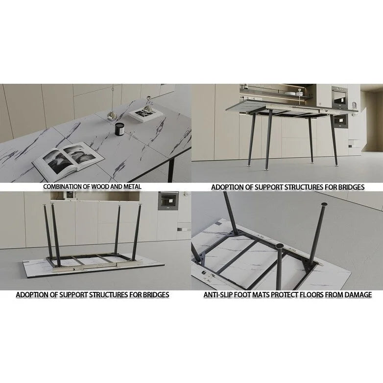 Modern Minimalist Dining Table with Extendable Marble Patterned Matte Legs for Kitchen Living Room or Gatherings
