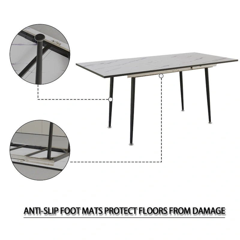 Modern Minimalist Dining Table with Extendable Marble Patterned Matte Legs for Kitchen Living Room or Gatherings