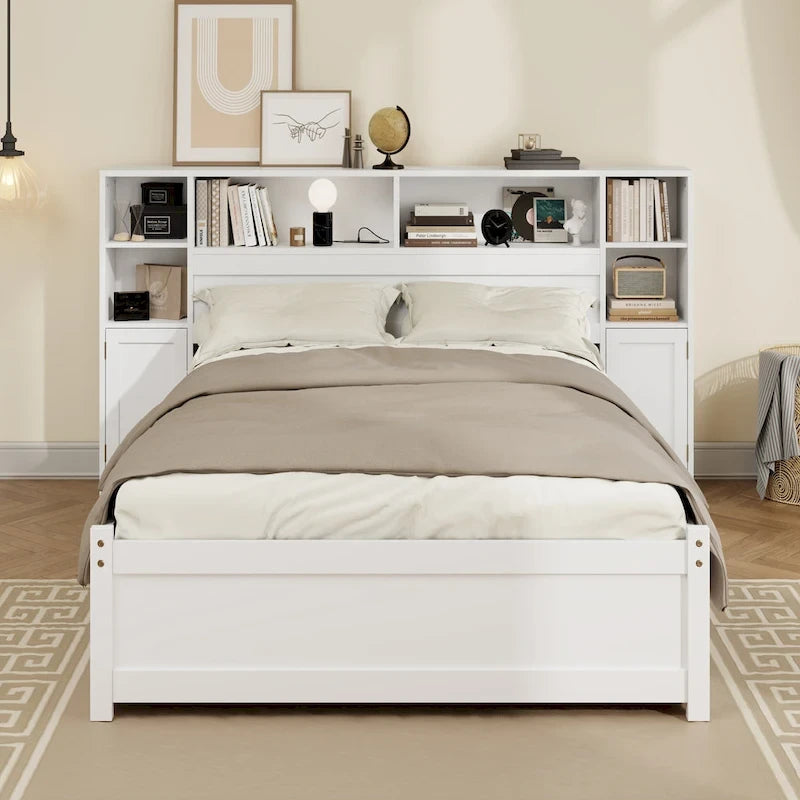 Wooden Storage Bed Bookcase Wingback Bed with Tall Bookcase Headboard, 6 Drawers and Charging Station, No Box Spring Needed